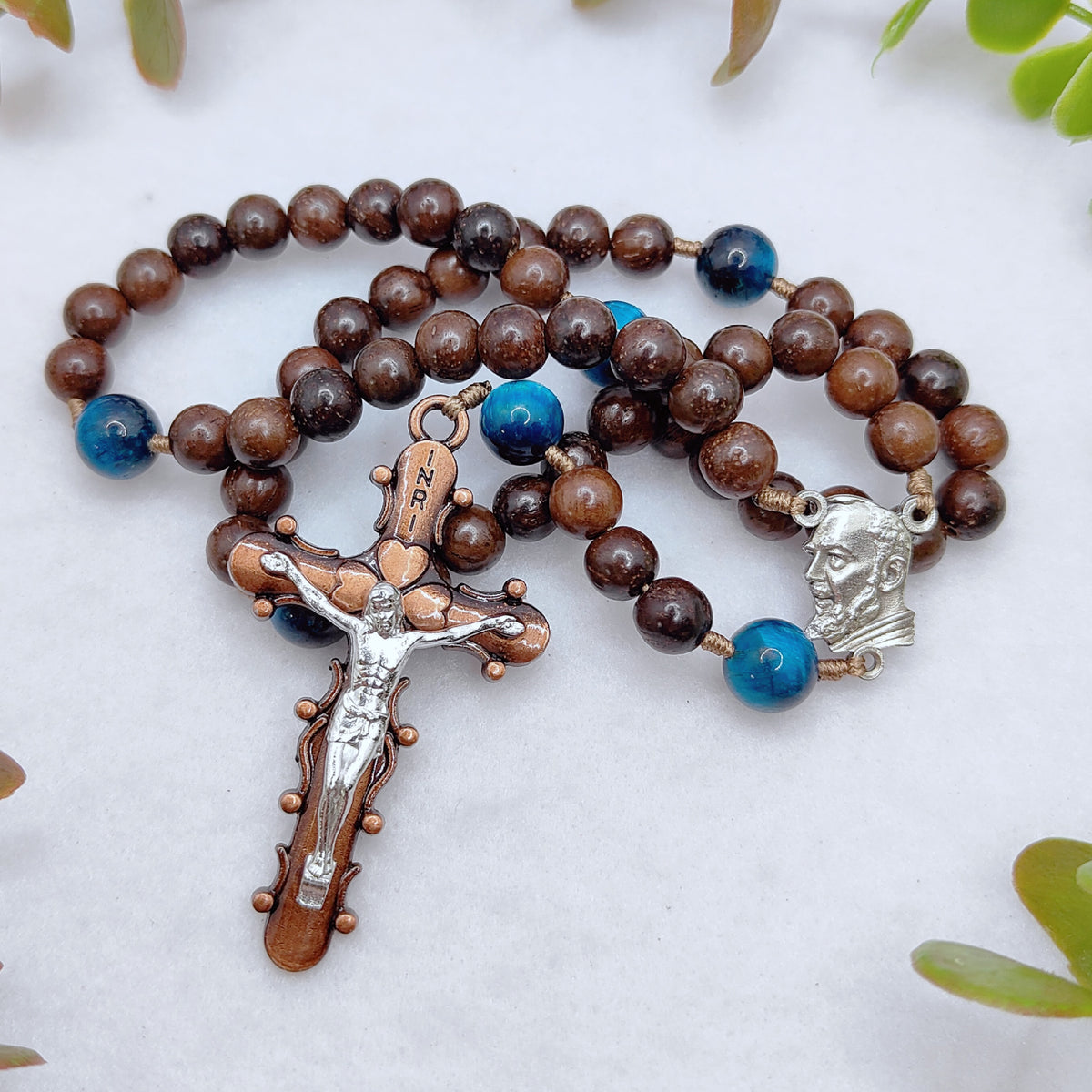 St Padre Pio Brown Ebony Wood & Tiger Eye Rosary