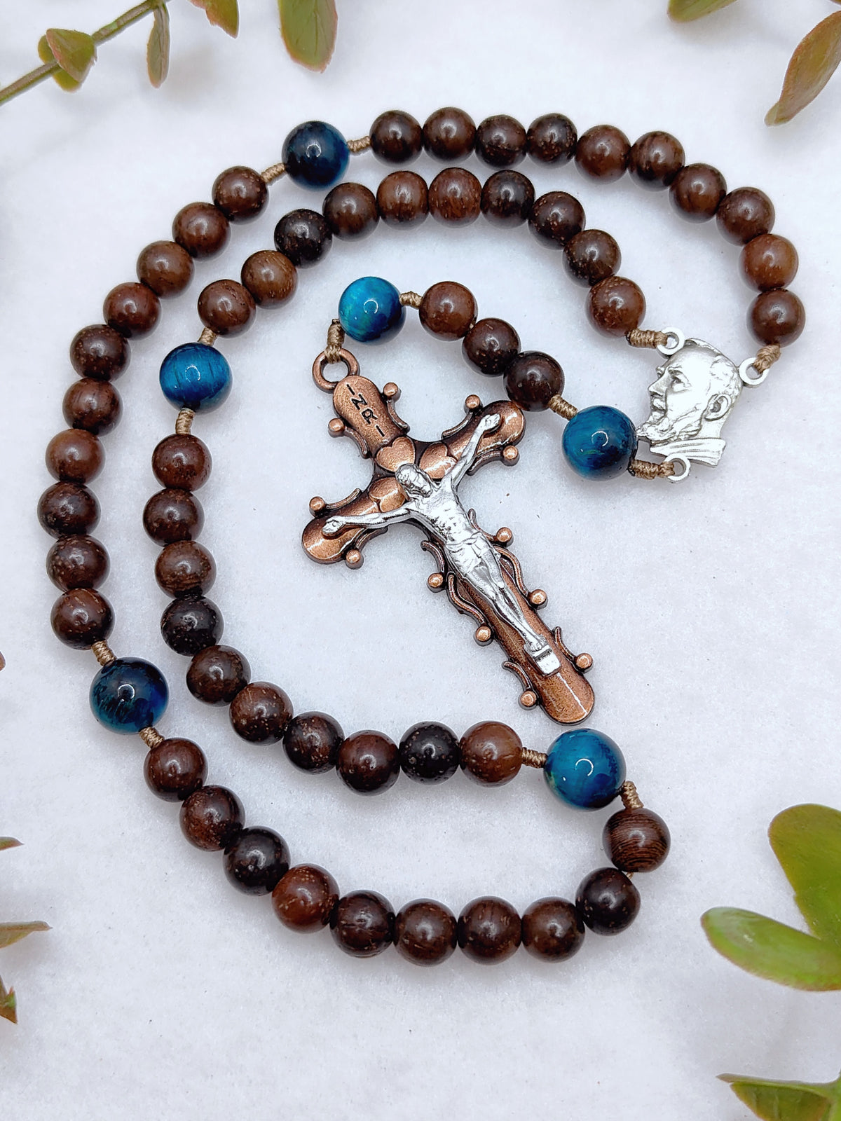 St Padre Pio Brown Ebony Wood & Tiger Eye Rosary