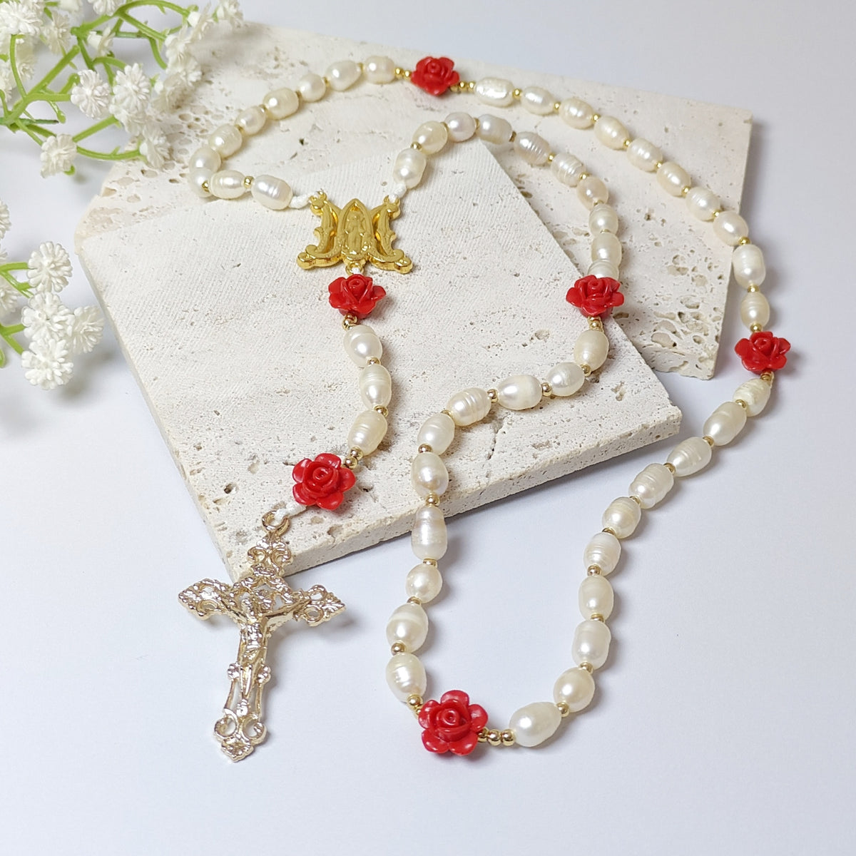 Gold Plated Miraculous Medal Freshwater Pearl with Roses