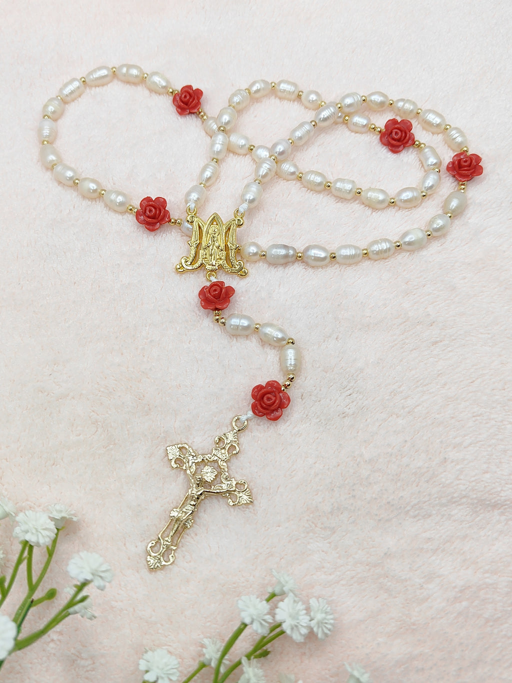 Gold Plated Miraculous Medal Freshwater Pearl with Roses