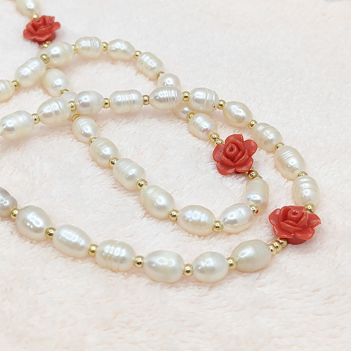 Gold Plated Miraculous Medal Freshwater Pearl with Roses