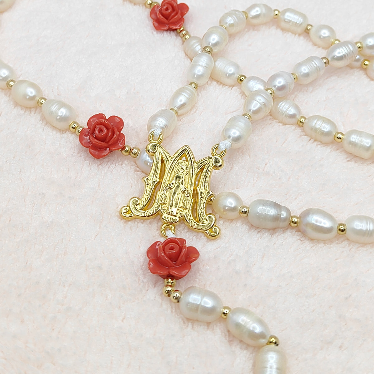 Gold Plated Miraculous Medal Freshwater Pearl with Roses