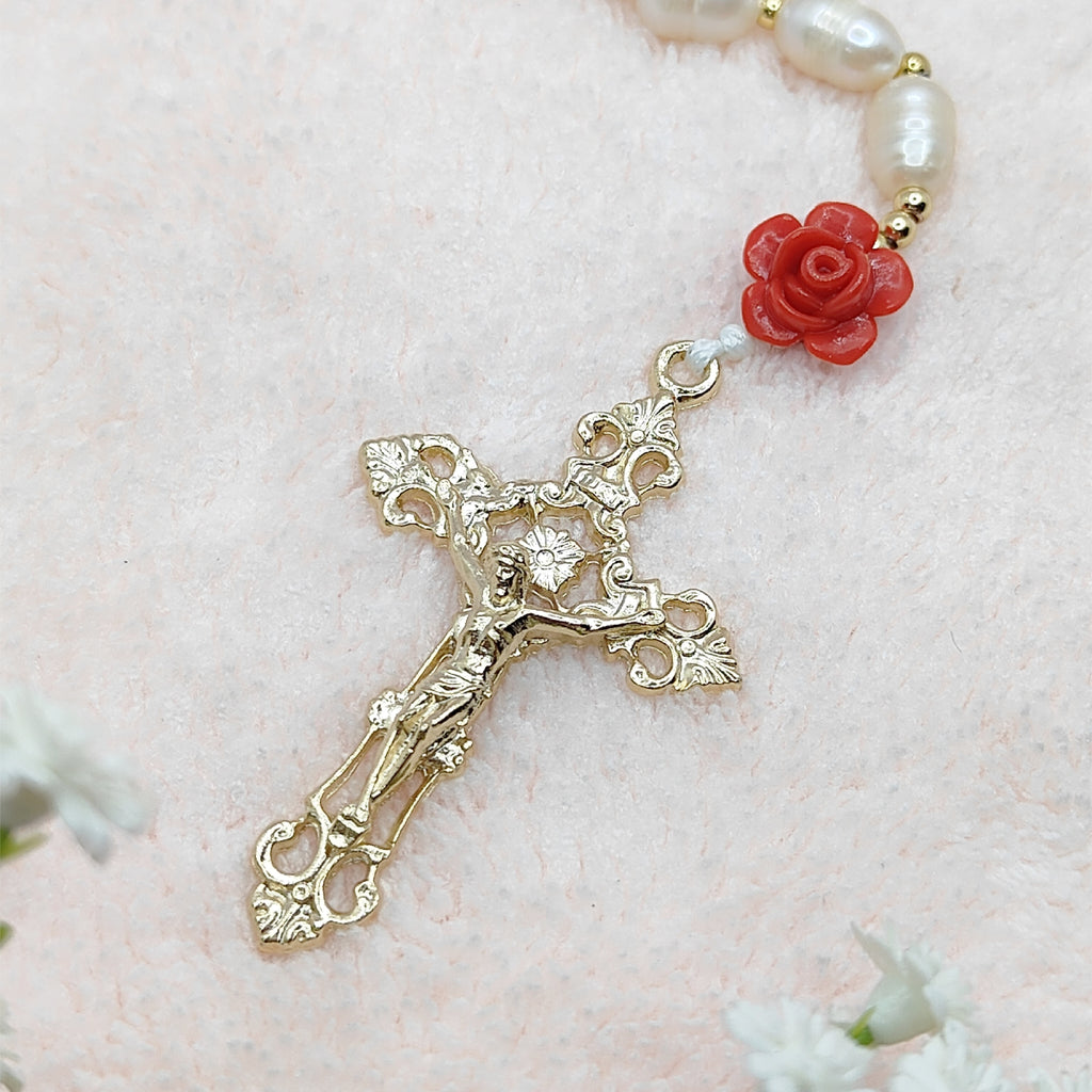 Gold Plated Miraculous Medal Freshwater Pearl with Roses