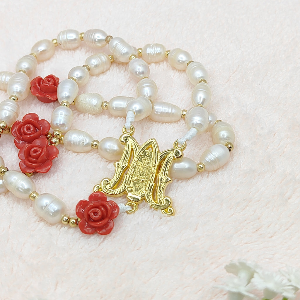 Gold Plated Miraculous Medal Freshwater Pearl with Roses