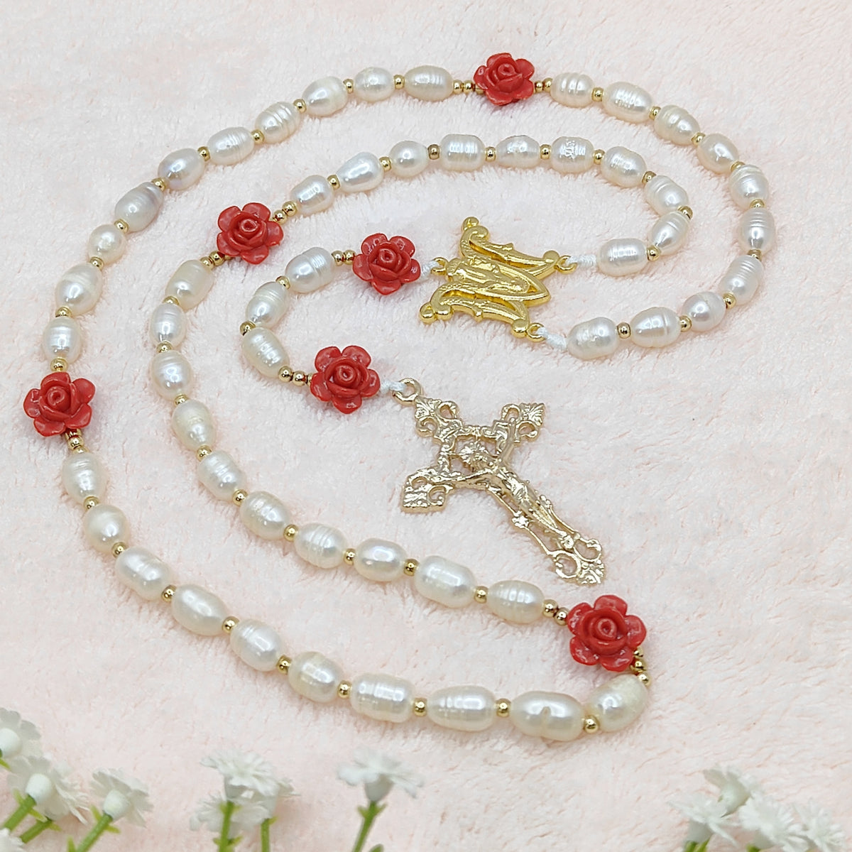 Gold Plated Miraculous Medal Freshwater Pearl with Roses
