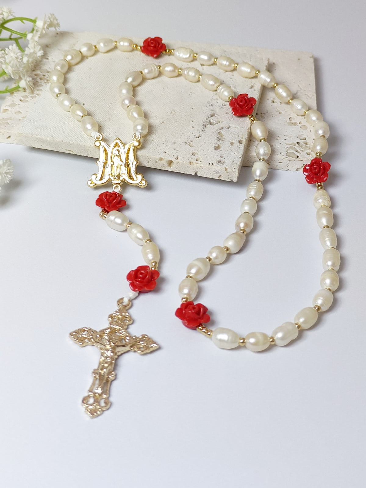 Gold Plated Miraculous Medal Freshwater Pearl with Roses