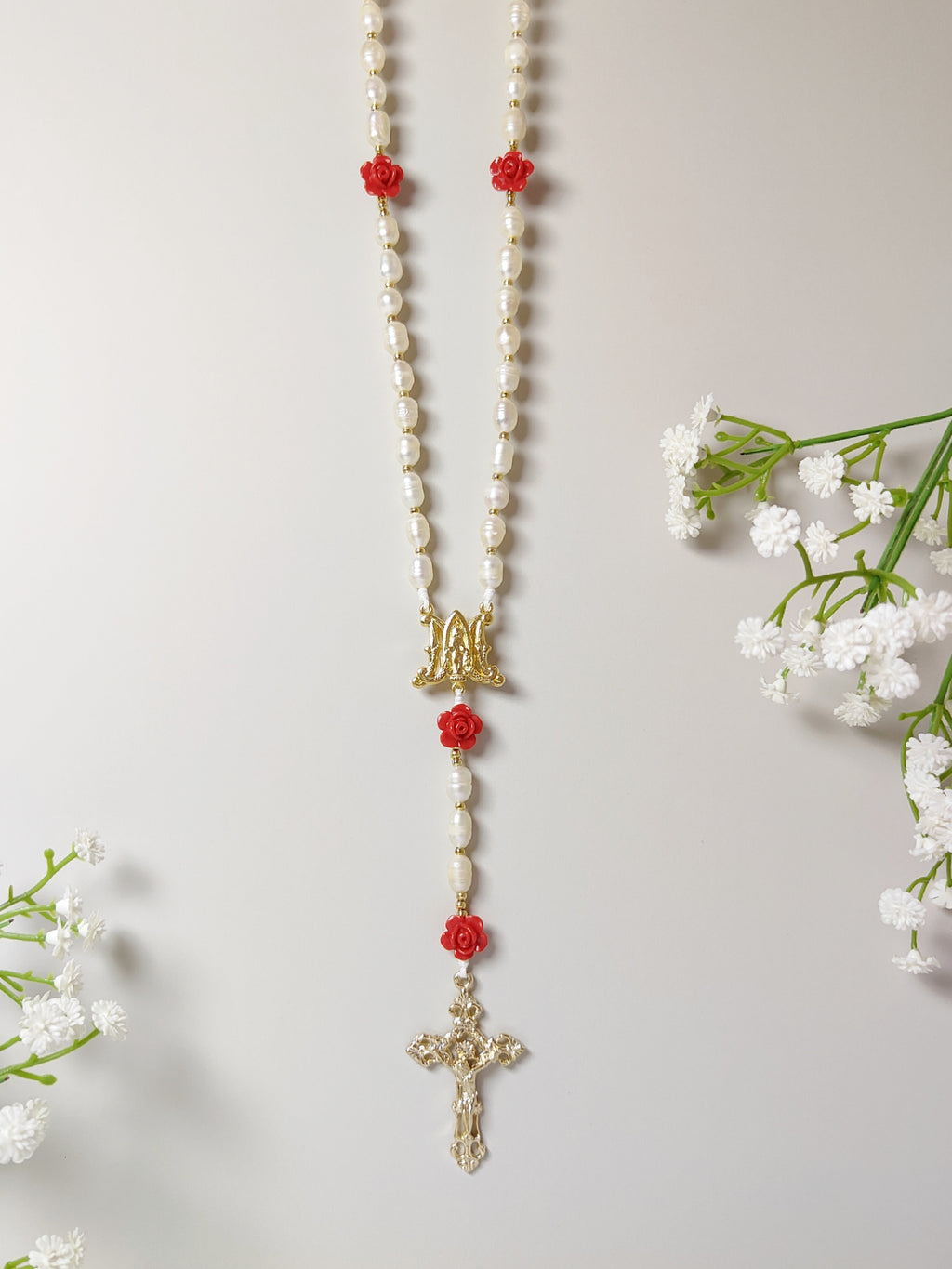 Gold Plated Miraculous Medal Freshwater Pearl with Roses