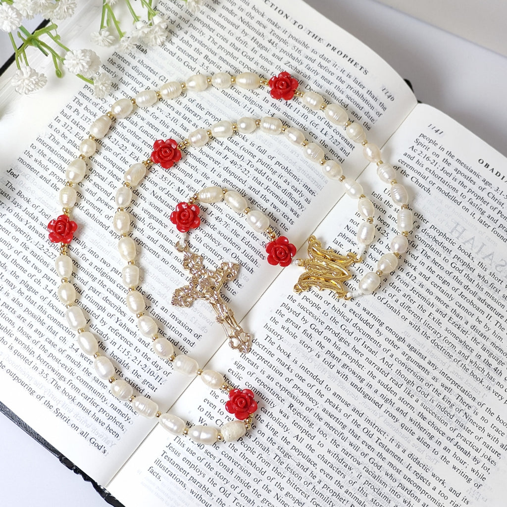 Gold Plated Miraculous Medal Freshwater Pearl with Roses