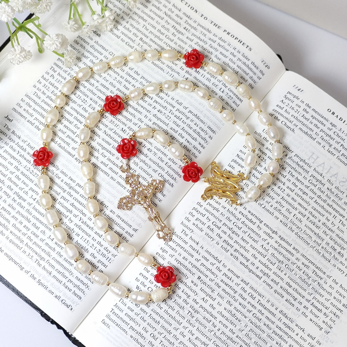 Gold Plated Miraculous Medal Freshwater Pearl with Roses