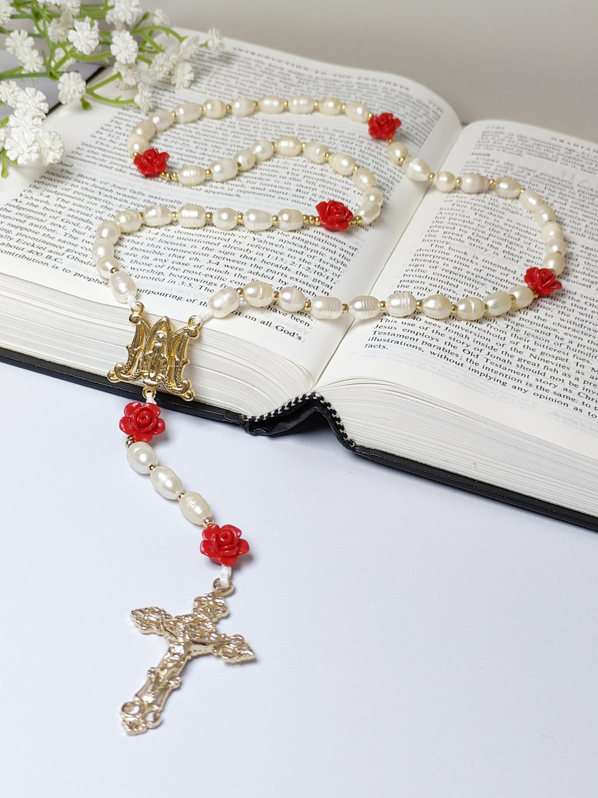 Gold Plated Miraculous Medal Freshwater Pearl with Roses