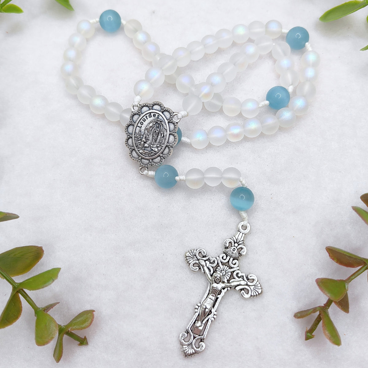 Our Lady of Lourdes White Glass & Blue Cat Eye Rosary