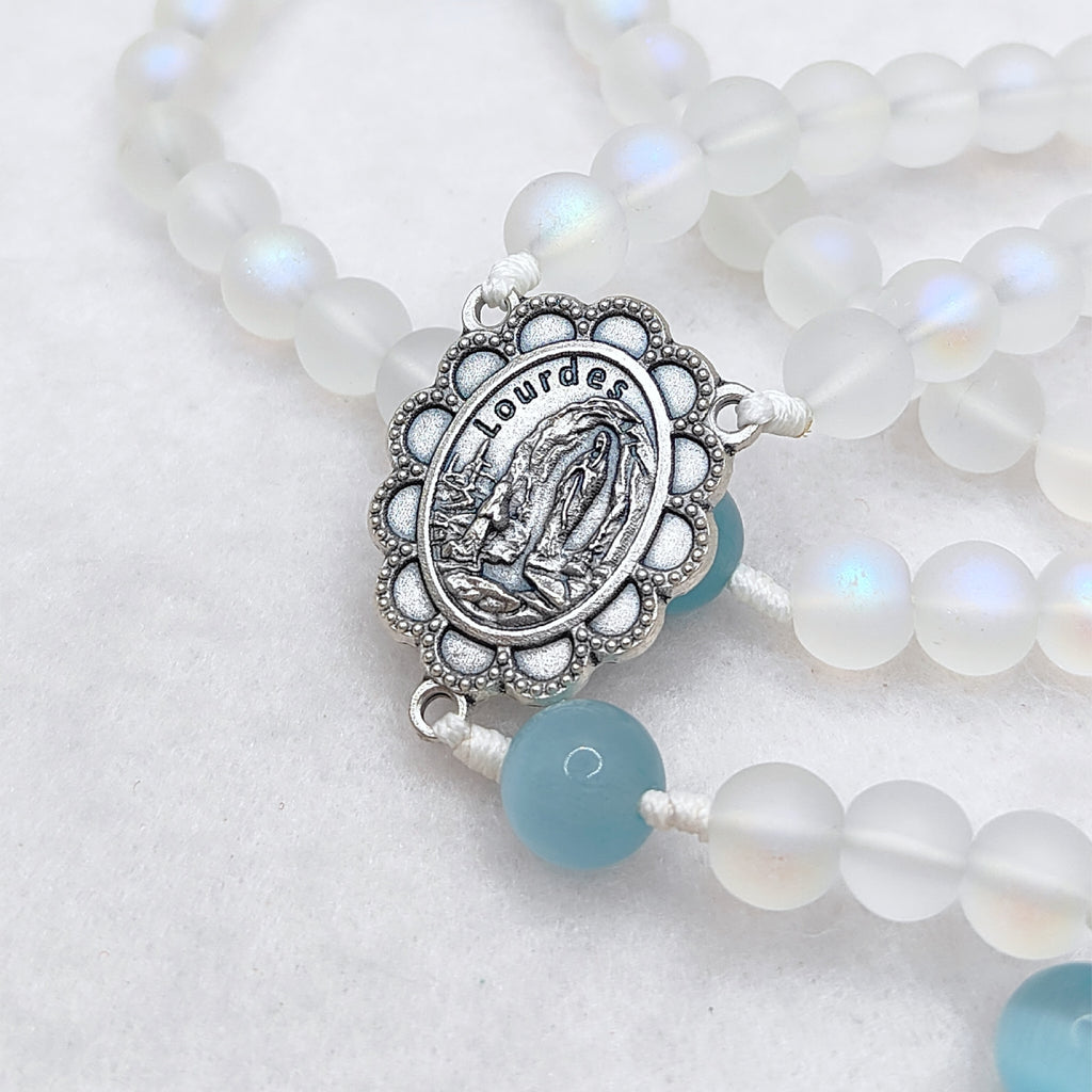 Our Lady of Lourdes White Glass & Blue Cat Eye Rosary