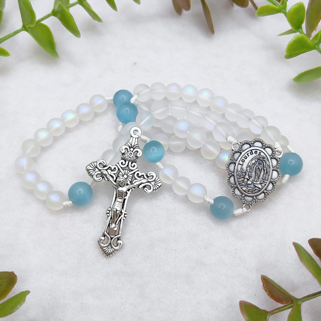 Our Lady of Lourdes White Glass & Blue Cat Eye Rosary