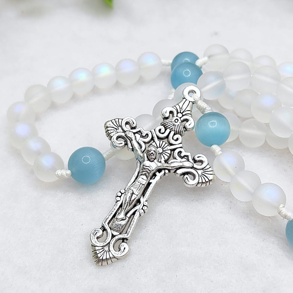 Our Lady of Lourdes White Glass & Blue Cat Eye Rosary