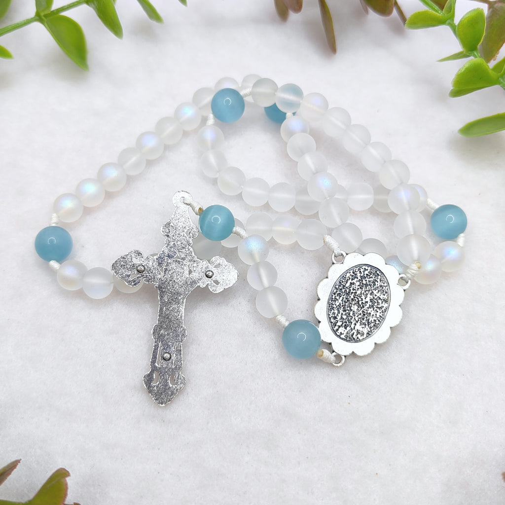 Our Lady of Lourdes White Glass & Blue Cat Eye Rosary
