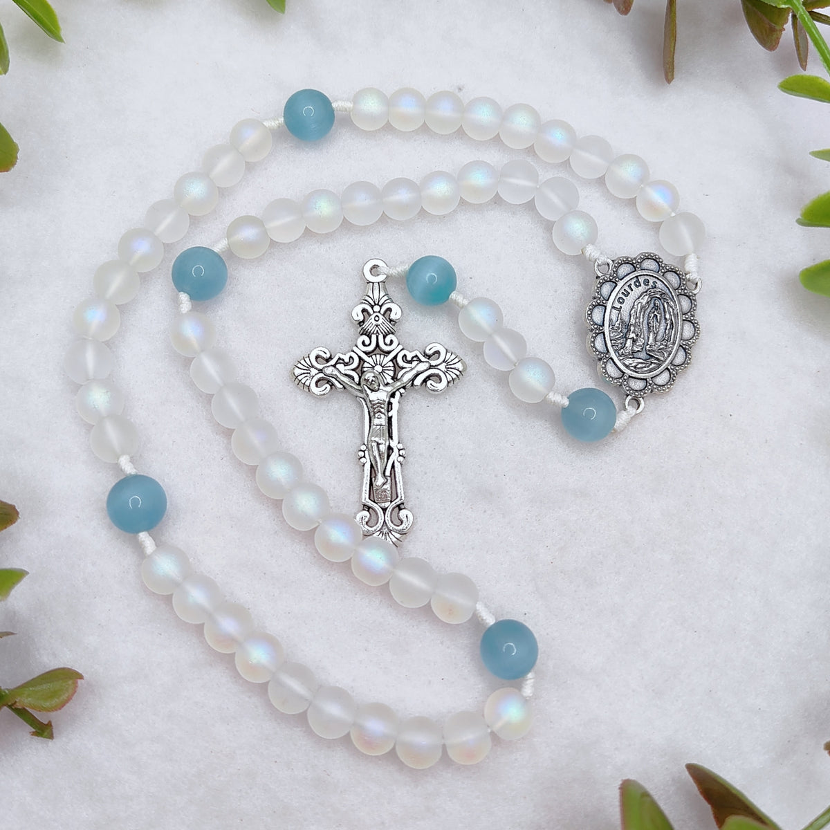 Our Lady of Lourdes White Glass & Blue Cat Eye Rosary