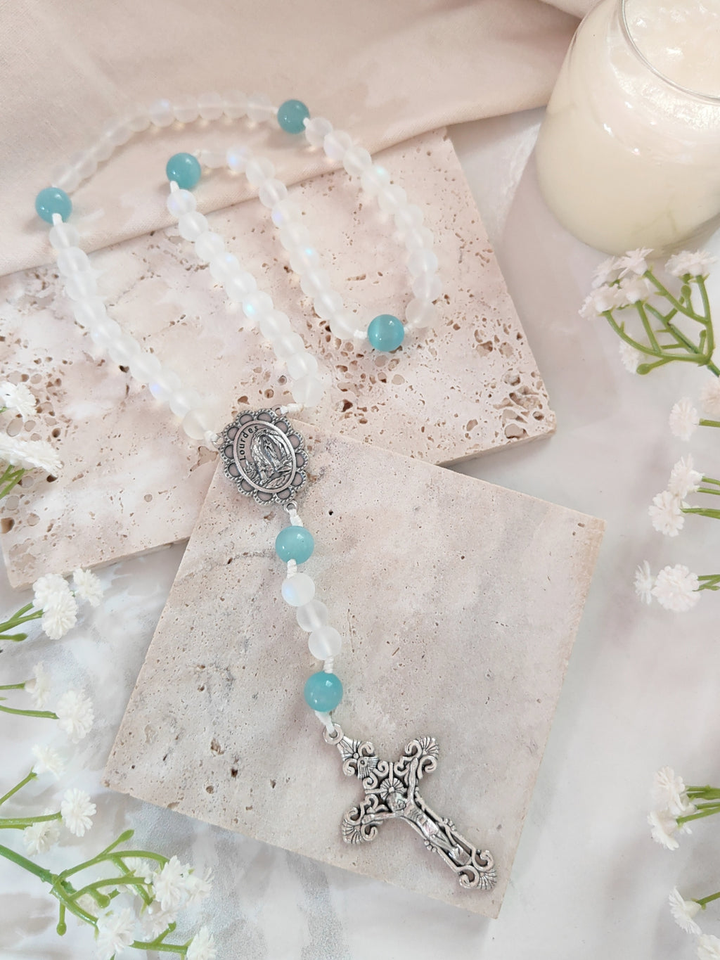Our Lady of Lourdes White Glass & Blue Cat Eye Rosary