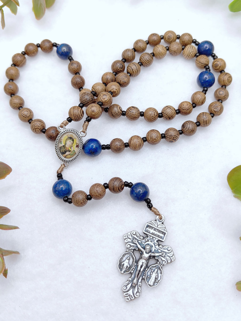 Our Mother of Perpetual Help Natural Wood & Lapis Lazuli Rosary