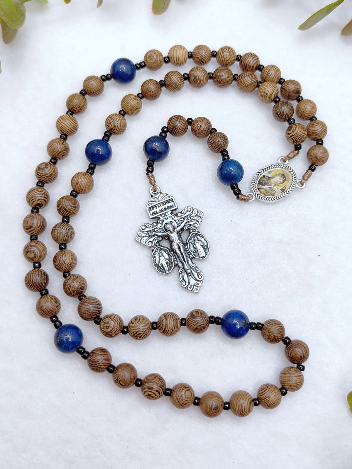 Our Mother of Perpetual Help Natural Wood & Lapis Lazuli Rosary