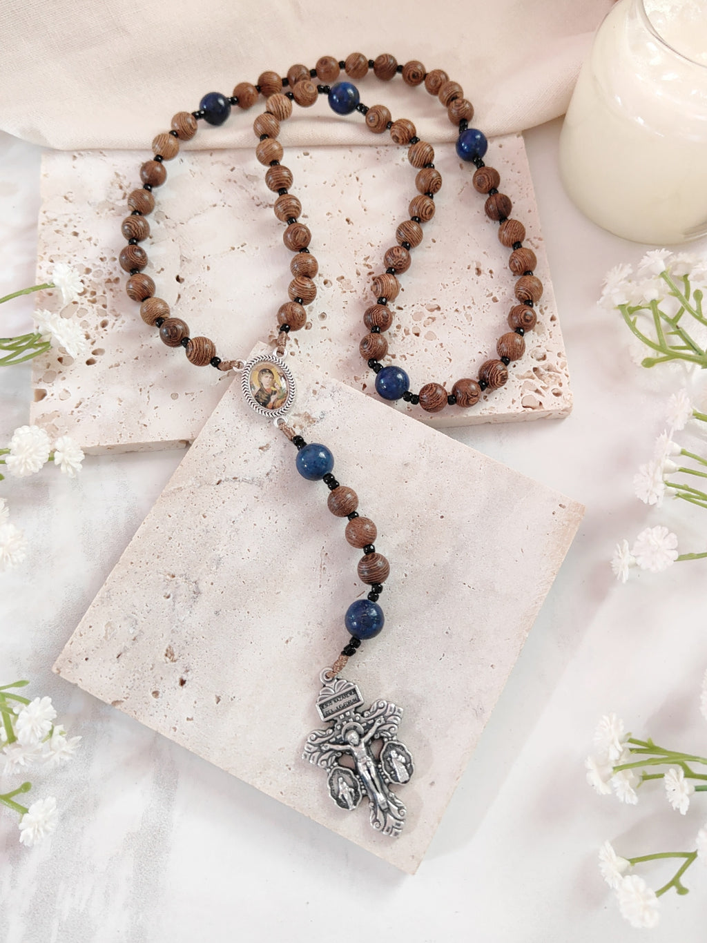Our Mother of Perpetual Help Natural Wood & Lapis Lazuli Rosary
