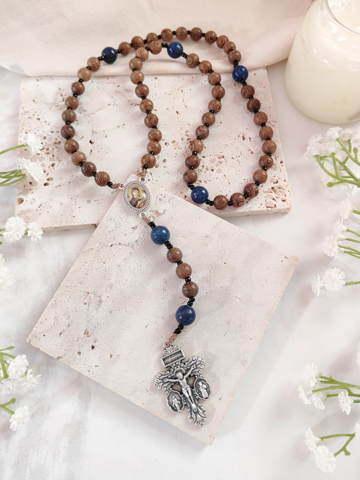 Our Mother of Perpetual Help Natural Wood & Lapis Lazuli Rosary
