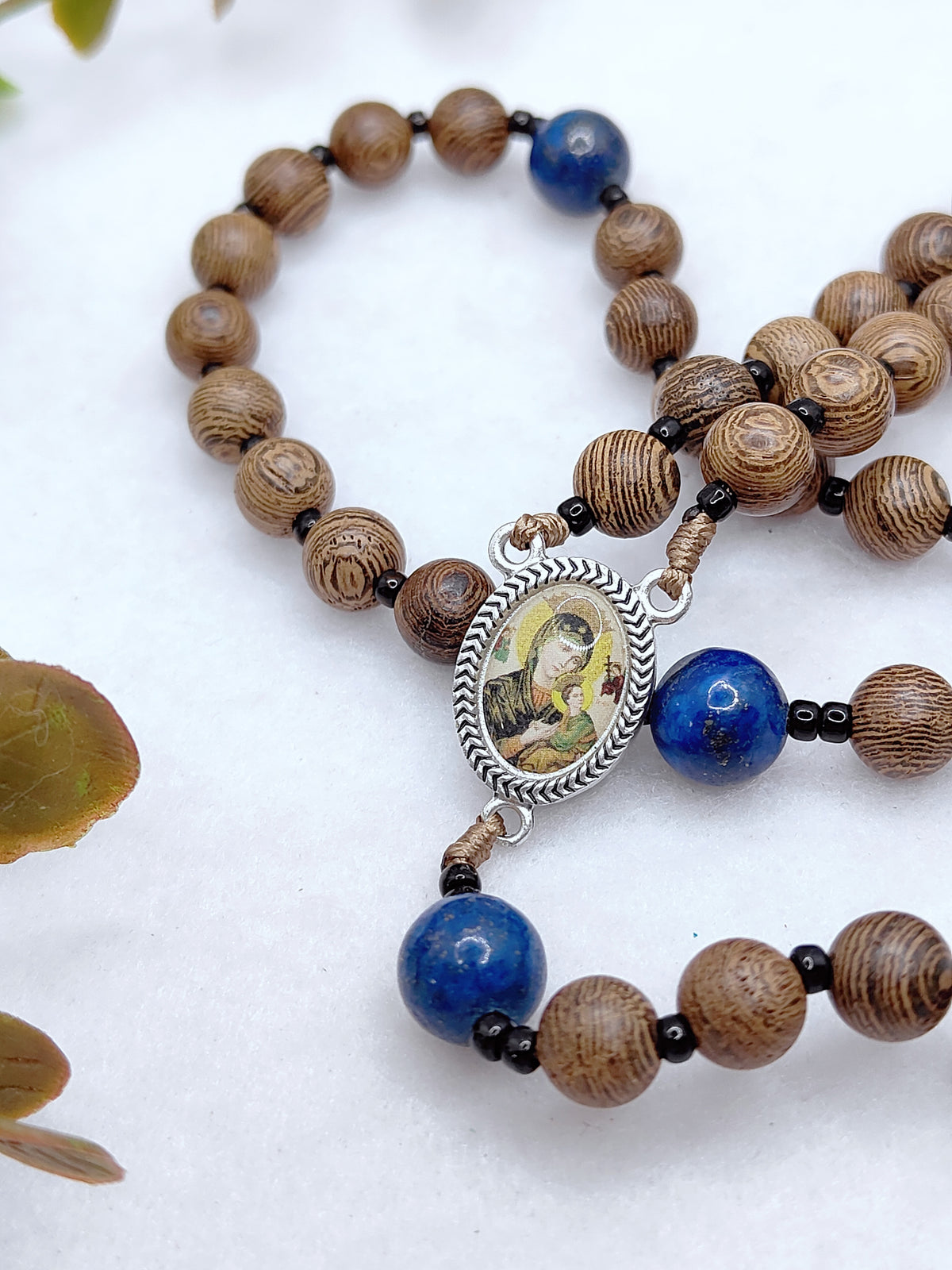 Our Mother of Perpetual Help Natural Wood & Lapis Lazuli Rosary