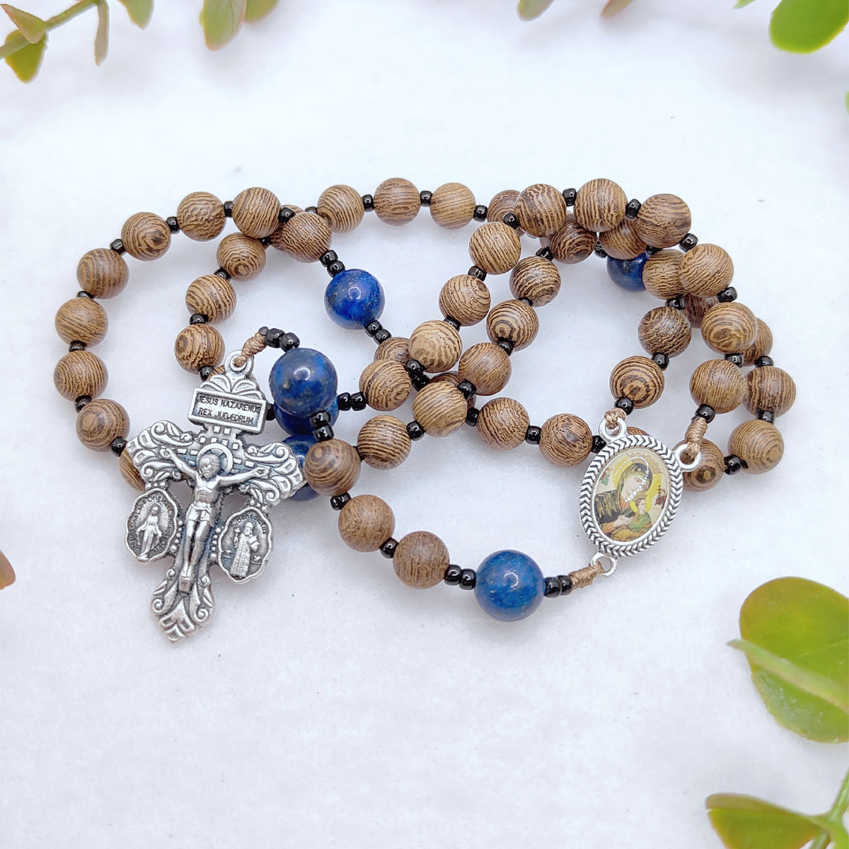 Our Mother of Perpetual Help Natural Wood & Lapis Lazuli Rosary