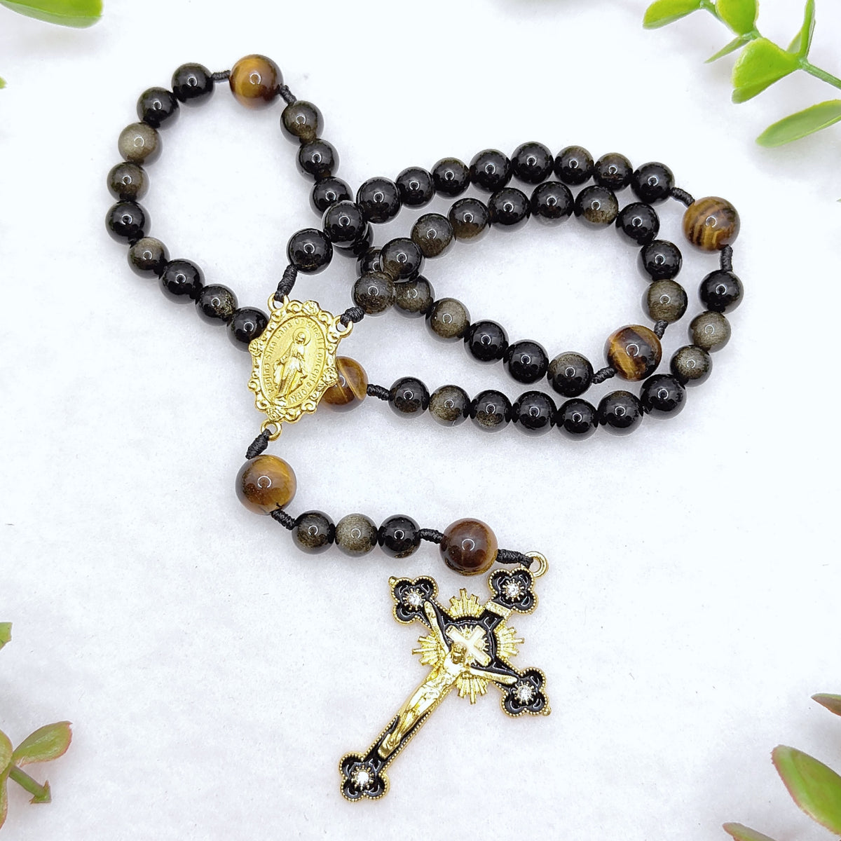 Gold Plated Miraculous Medal Gold Obsidian & Tiger Eye Rosary