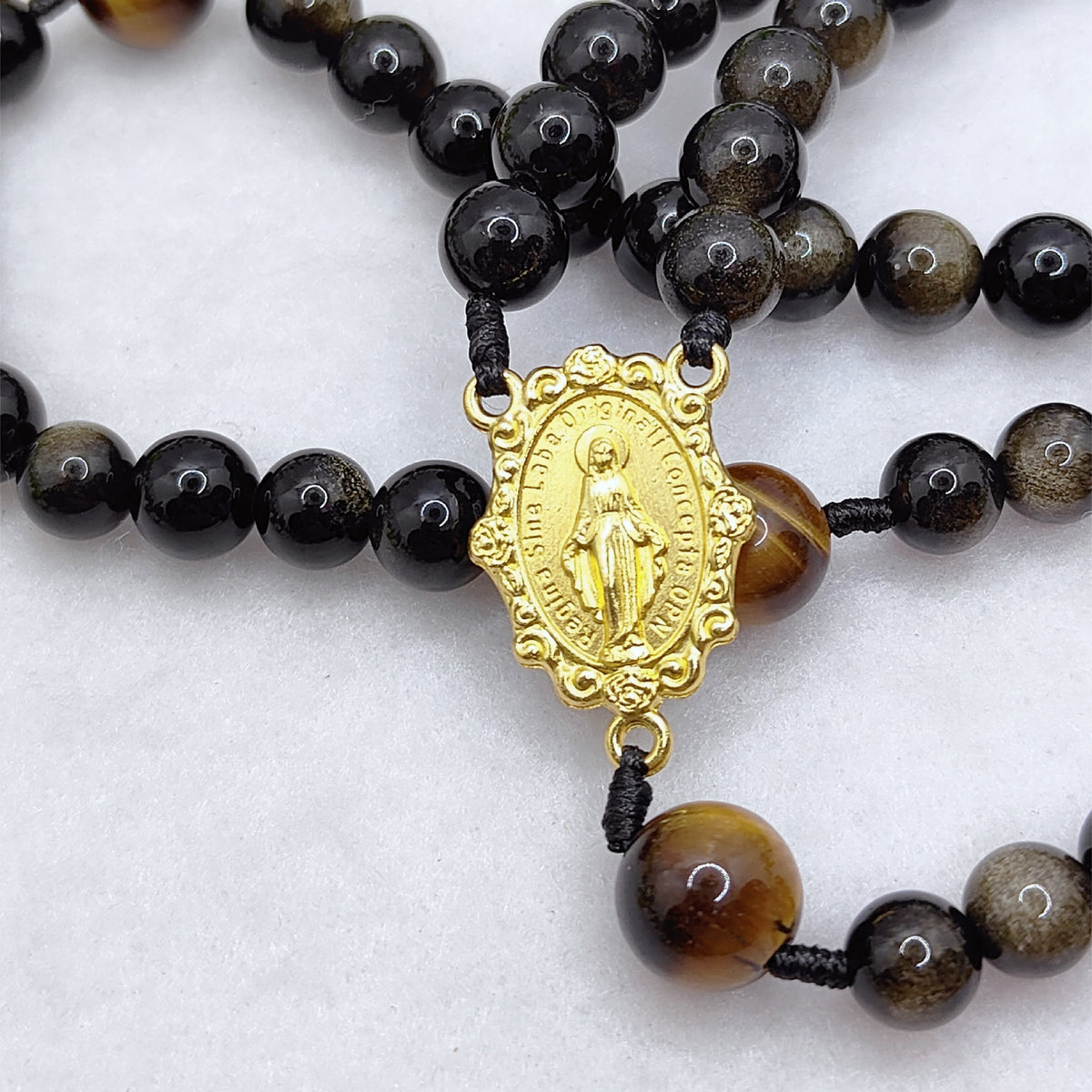 Gold Plated Miraculous Medal Gold Obsidian & Tiger Eye Rosary