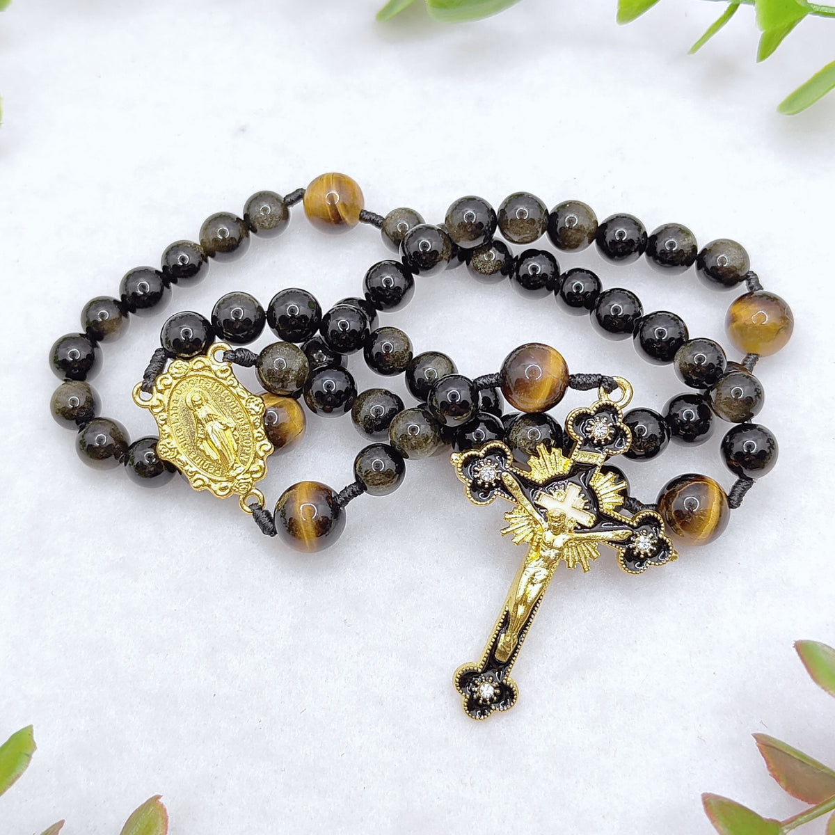Gold Plated Miraculous Medal Gold Obsidian & Tiger Eye Rosary