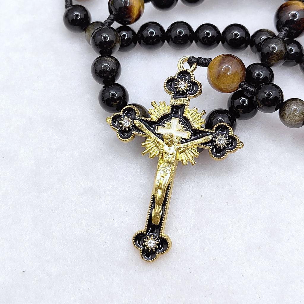 Gold Plated Miraculous Medal Gold Obsidian & Tiger Eye Rosary