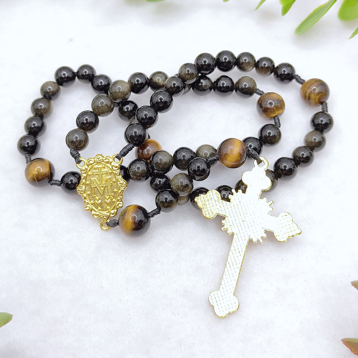 Gold Plated Miraculous Medal Gold Obsidian & Tiger Eye Rosary