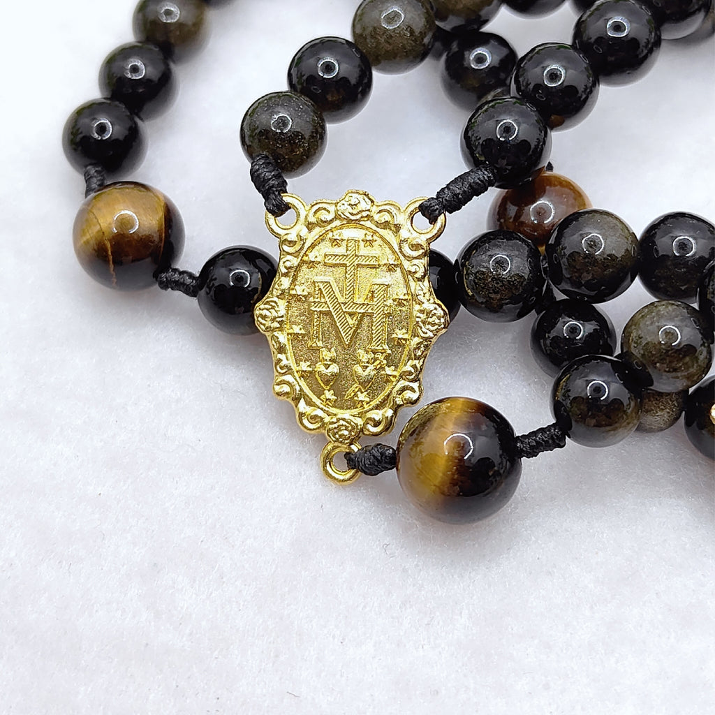 Gold Plated Miraculous Medal Gold Obsidian & Tiger Eye Rosary