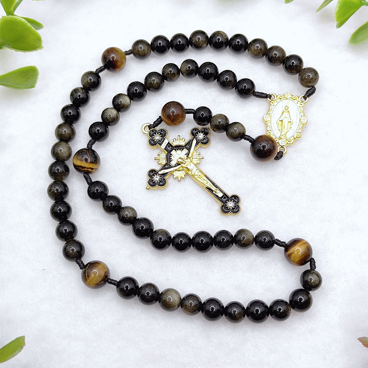 Gold Plated Miraculous Medal Gold Obsidian & Tiger Eye Rosary