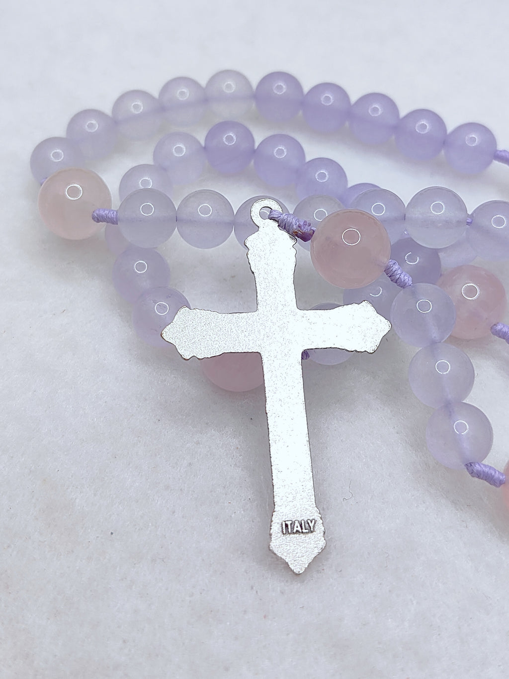 Miraculous Medal Purple Chalcedony & Rose Quartz Rosary