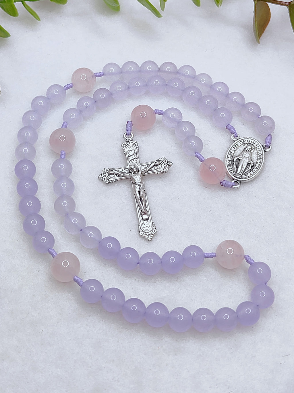 Miraculous Medal Purple Chalcedony & Rose Quartz Rosary