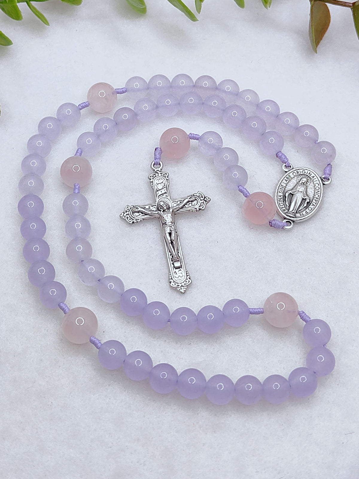 Miraculous Medal Purple Chalcedony & Rose Quartz Rosary