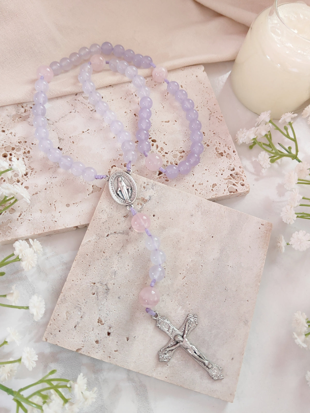 Miraculous Medal Purple Chalcedony & Rose Quartz Rosary