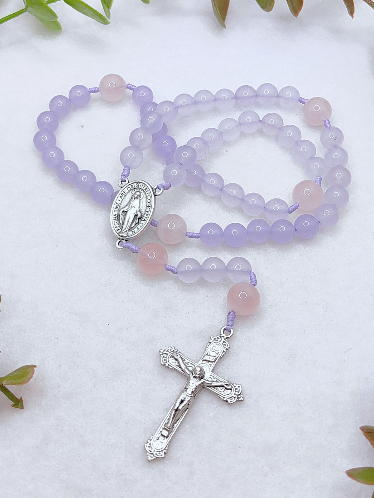 Miraculous Medal Purple Chalcedony & Rose Quartz Rosary