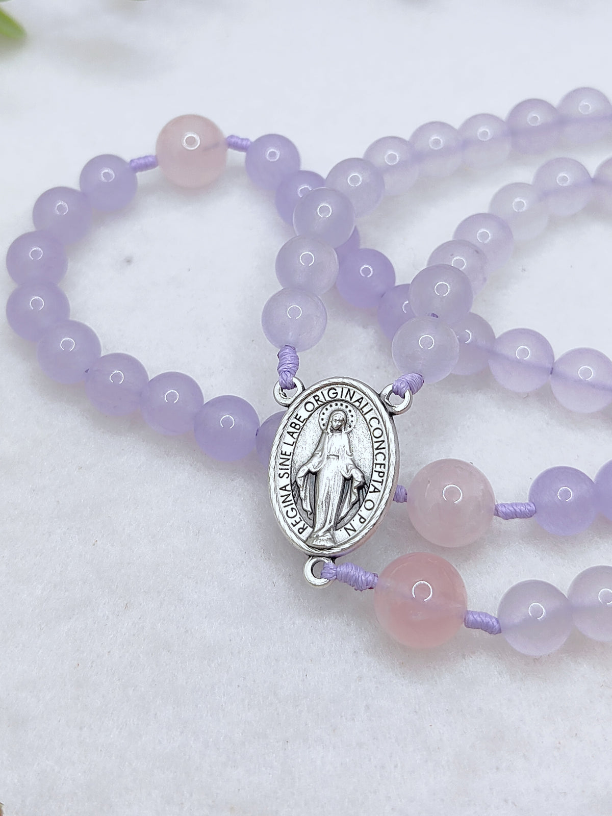 Miraculous Medal Purple Chalcedony & Rose Quartz Rosary