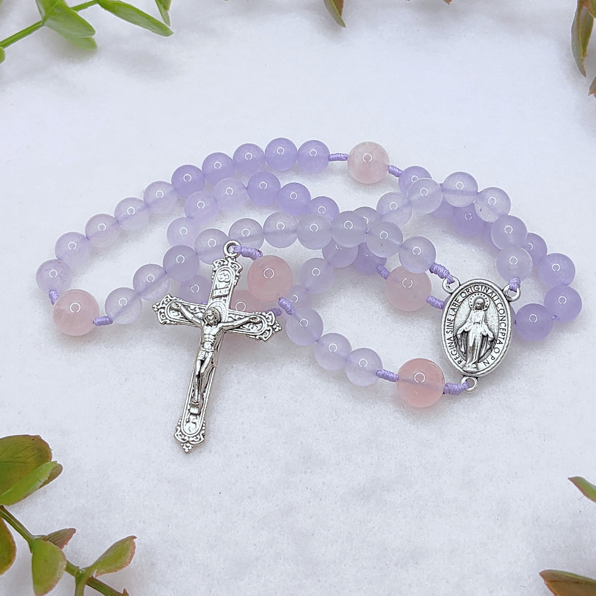 Miraculous Medal Purple Chalcedony & Rose Quartz Rosary