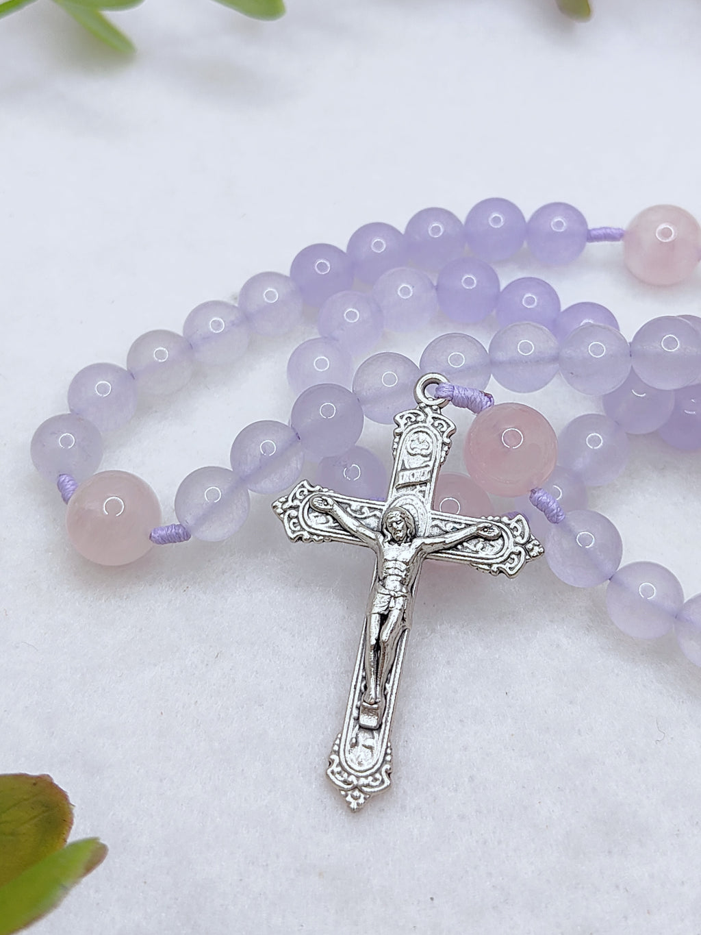 Miraculous Medal Purple Chalcedony & Rose Quartz Rosary
