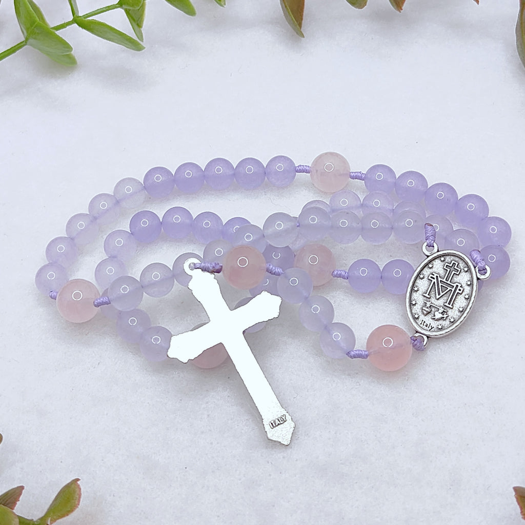 Miraculous Medal Purple Chalcedony & Rose Quartz Rosary