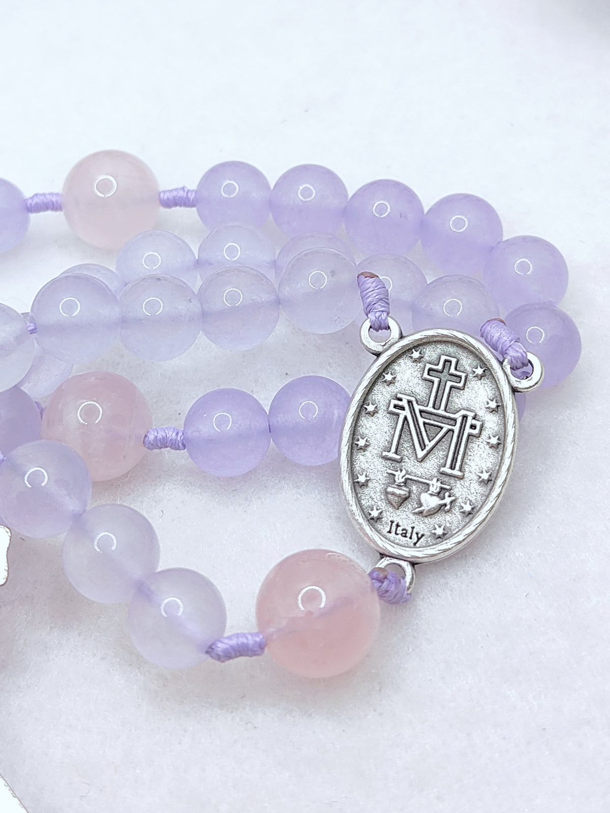Miraculous Medal Purple Chalcedony & Rose Quartz Rosary