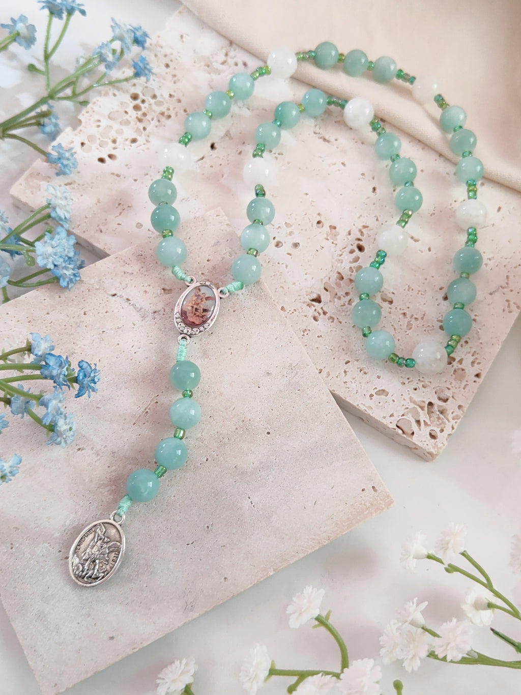 Chaplet of St Michael Green Angelite & Moonstone Rosary