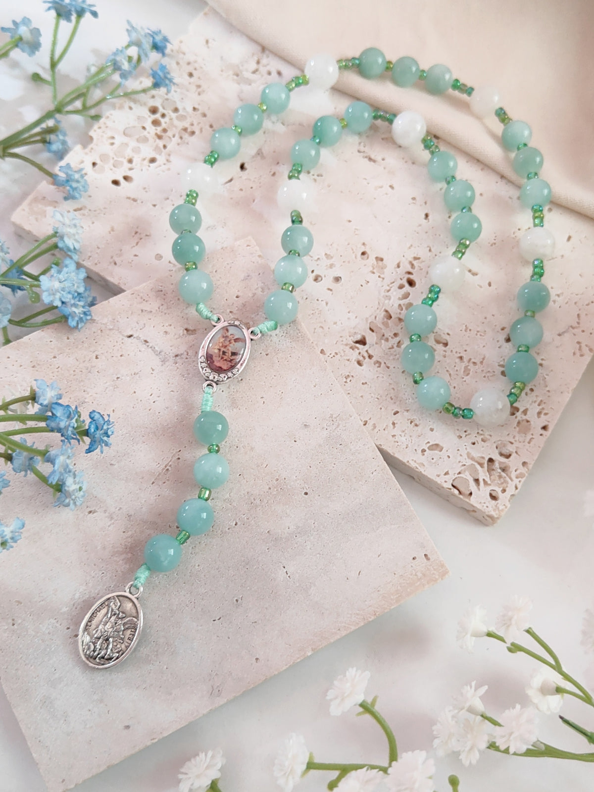 Chaplet of St Michael Green Angelite & Moonstone Rosary