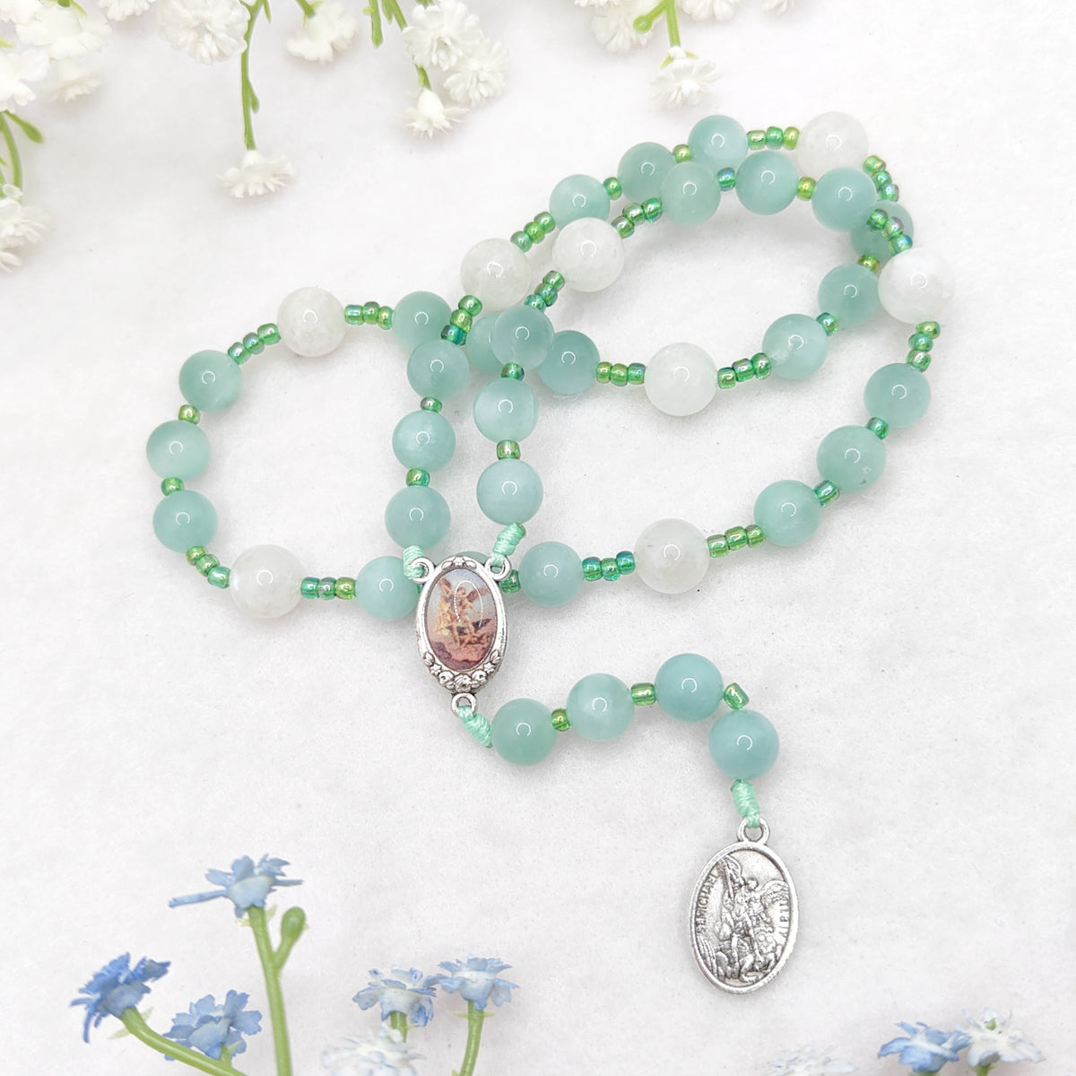 Chaplet of St Michael Green Angelite & Moonstone Rosary