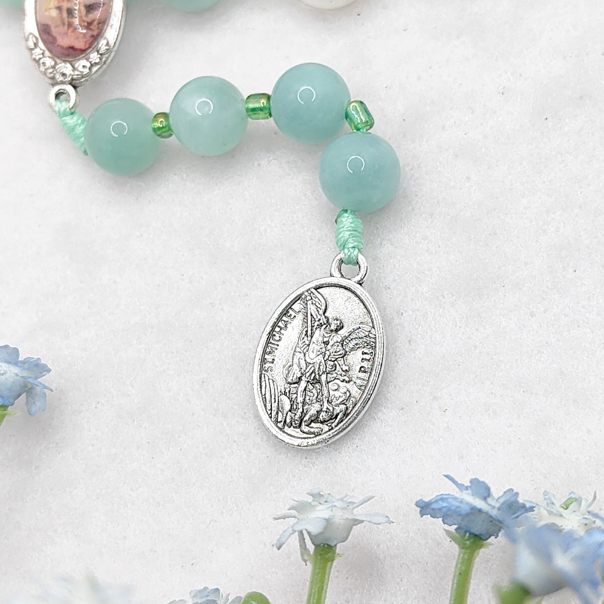 Chaplet of St Michael Green Angelite & Moonstone Rosary