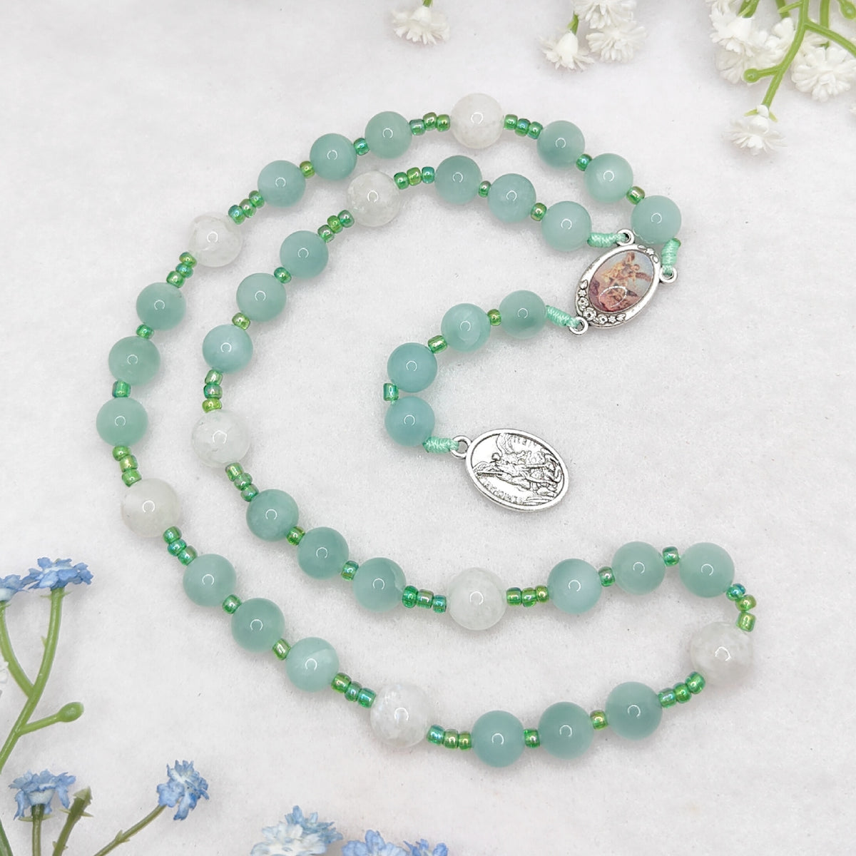 Chaplet of St Michael Green Angelite & Moonstone Rosary