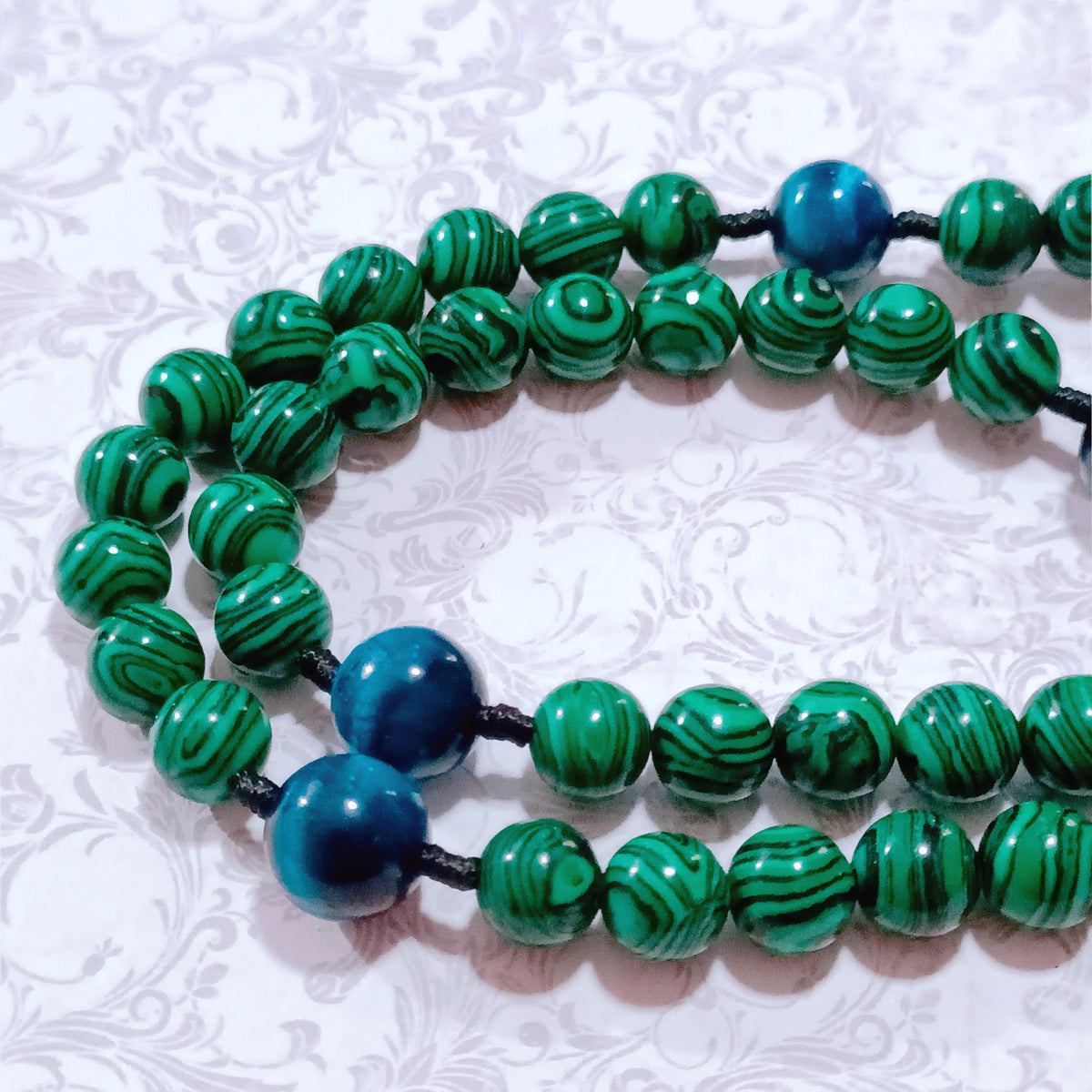 Miraculous Medal Green Glass & Tiger Eye Rosary